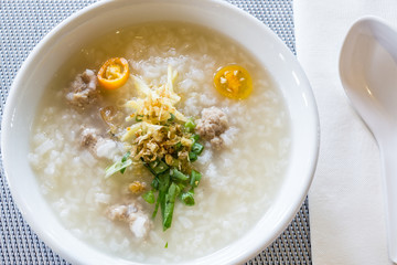 rice congee mixed with meat or rice gruel with pork, dried shrim
