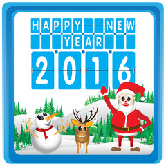 Merry Christmas and Happy New Year 2016. Santa Claus and reindeer. The Christmas tree and snowman on white background.