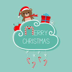 Fototapeta na wymiar Baby bear in Santa hat, giftbox, snowflake, ball. Merry Christmas card. Hanging Candy Cane. Dash line with bow. Flat design. Blue background.