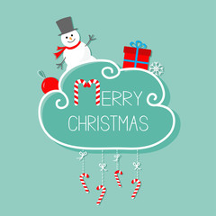 Fototapeta na wymiar Snowman, giftbox, snowflake, ball. Merry Christmas card. Hanging Candy Cane. Dash line with bow. Flat design. Blue background.