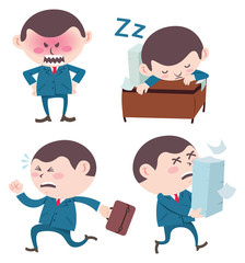 cartoon lazy, late for work, angry and overwork business man isolated on white background