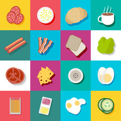 Breakfast fresh food and drinks flat icons set