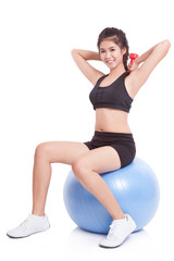 Fototapeta na wymiar Fitness woman sport training with exercise ball and lifting weights.