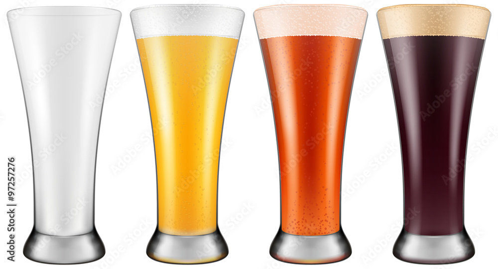 Wall mural Beer glass in four color schemes for empty glass, lager beer, amber ale and stout. Photo-realistic vector illustration.