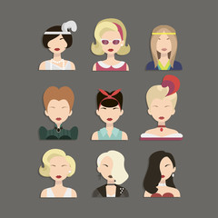 Vector illustration of young beautiful women icons from different times