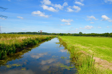 Ditch and green polder landscape in summer in the Netherlands - obrazy, fototapety, plakaty