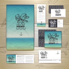 Fototapeta premium Seafood menu design. Corporate identity. Document template