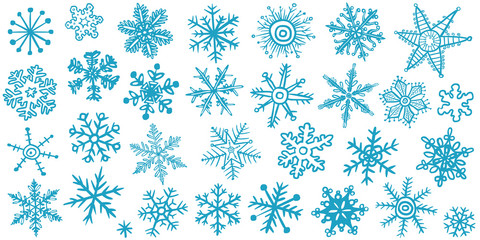 Vektor-Set: 30 Schneeflocken, blau, handgezeichnet, Vektor, freigestellt