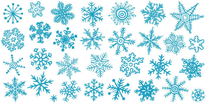 Vektor-Set: 30 Schneeflocken, blau, handgezeichnet, Vektor, freigestellt