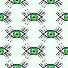 Seamless abstract vector pattern, bright symmetrical background with close-up green eyes over light backdrop