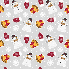 Seamless vector backgground with christmas attributes like mittens, snow, snowman, bell.