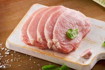 Raw pork chops on wooden cutting board.