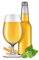 A glass and a bottle of beer with barley and hops. Photo-realistic vector illustration.