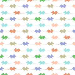 Seamless vector pattern, light colorful background with mouses, silhouette over white backdrop.