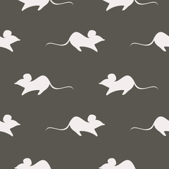Seamless vector pattern, dark background with mouses, grey close-up silhouette over dark grey backdrop.
