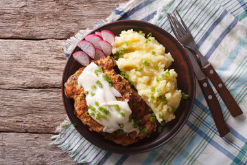 American food: Country Fried Steak and White Gravy horizontal top view
