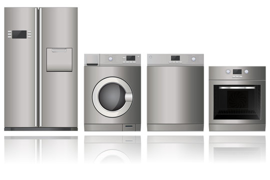 Home appliances. Set of household kitchen technics: electric Oven, Dishwasher, refrigerator, washing machine.