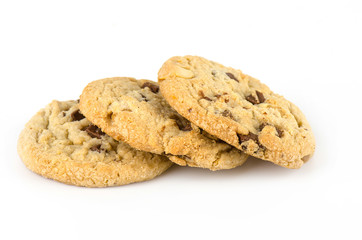 Chocolate chip cookies isolate on white bachground.