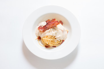 Bacon spaghetti on white background.