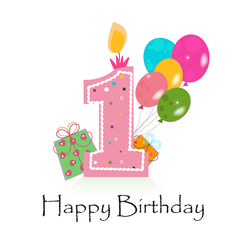 Happy first birthday card vector with box and balloons