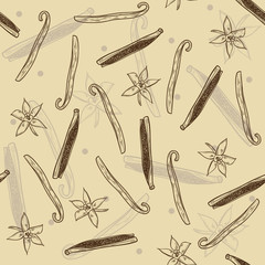 Vector seamless texture with vanilla stick nd flower. Natural spices. Compilation of vector sketches. Kitchen herbs and spice. Vintage style. Hand drawn.