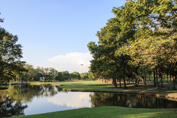 Bright autumn landscape in the city park.,Vachirabenjatas Park (Rot Fai Park) in Thailand