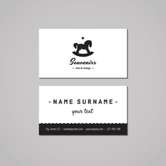 Gift shop and souvenirs business card design concept. Gift shop logo with rocking horse toy and heart. Vintage, hipster and retro style. Black and white.