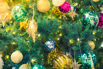 Fototapeta na wymiar Closeup of Christmas tree decorations background