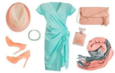 Elegant clothes accessories set. Female clothing collage isolate