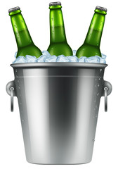 Ice bucket with three bottles of beer. Photo-realistic vector illustration.
