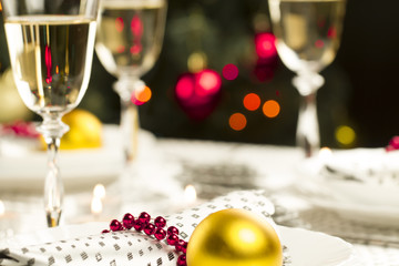 Christmas dinner table. Traditional Christmas decorations. Served table in a restaurant....
