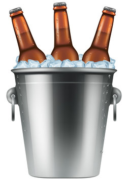 Ice Bucket With Three Bottles Of Beer. Photo-realistic Vector Illustration.