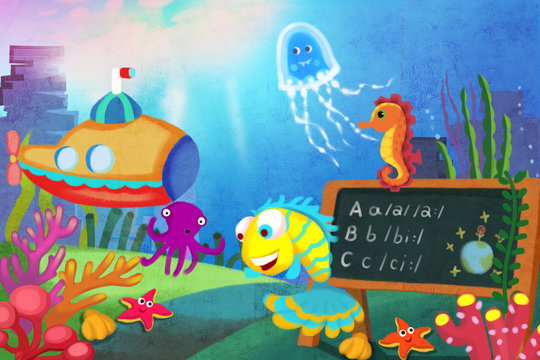 Illustration for Children: Let's start our lesson! The Little Fish first Becomes a Teacher in the Sea School. Realistic Fantastic Cartoon Style Story / Scene / Wallpaper / Background / Card Design.