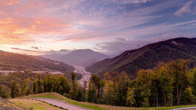 Autumn in High Mountains at sunset. Sochi, Russia. Krasnaya Polyana timelapse