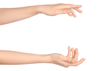 Beauty and Health theme: beautiful elegant female hand show gesture on an isolated white background in studio