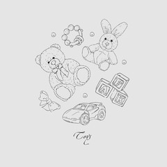 Vector set of hand drawn toys for kids.