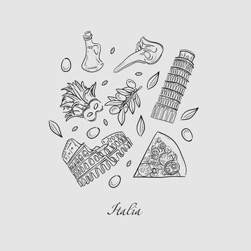 Set of Italy icons doodle hand drawn vector illustration