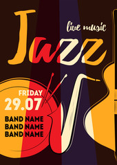 Music poster vector illustration for event design, party poster, postcard or invitation. Event poster with drum, saxophone, bass
