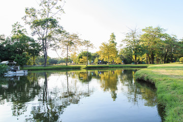 Bright autumn landscape in the city park.,Vachirabenjatas Park (Rot Fai Park) in Thailand