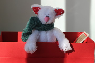 White textile handmade cat in red box