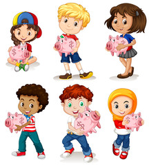 Boys and girls holding piggy bank