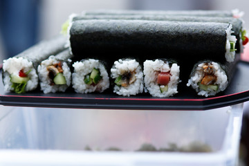 Tasty delicious healthy japanese asian sushi prepared for wedding close-up