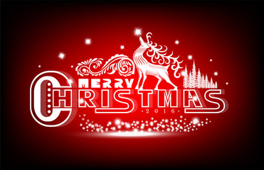 Merry christmas white lettering with pattern and deer on red background