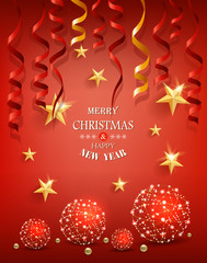 Christmas greeting card with stars, decorative items and serpentine.