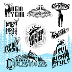 Fototapeta premium set of new year and christmas different letterings with deers