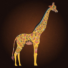 Beautiful adult Giraffe. Hand drawn Illustration of ornamental giraffe.  Colored giraffe on ornamental background