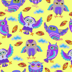 Seamless pattern with cute owls, autumn leaves and clouds on a yellow background