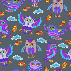Seamless pattern with cute owls, autumn leaves and clouds on a gray background