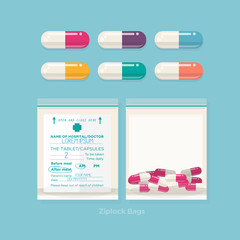 Colourful pills and plastic bags. medicine - vector