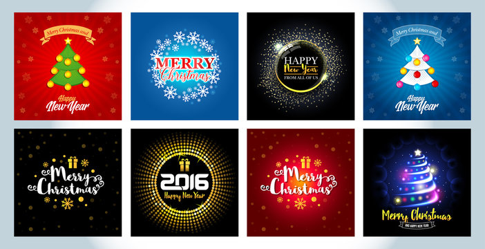 Set of Christmas and New Year cards, flyers, brochures templates. Bright vector backgrounds.
